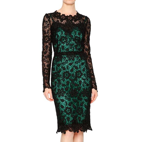 NWT Dolce & Gabbana Black Green Long-Sleeve Lace Dress Contrast Slip IT 44 L - Picture 1 of 15